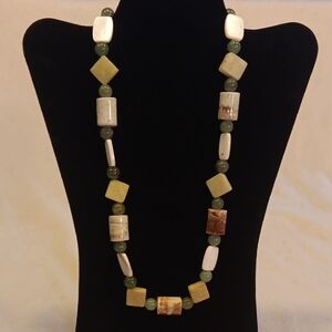 Artisan Handmade Deco Green and Cream Beaded Necklace